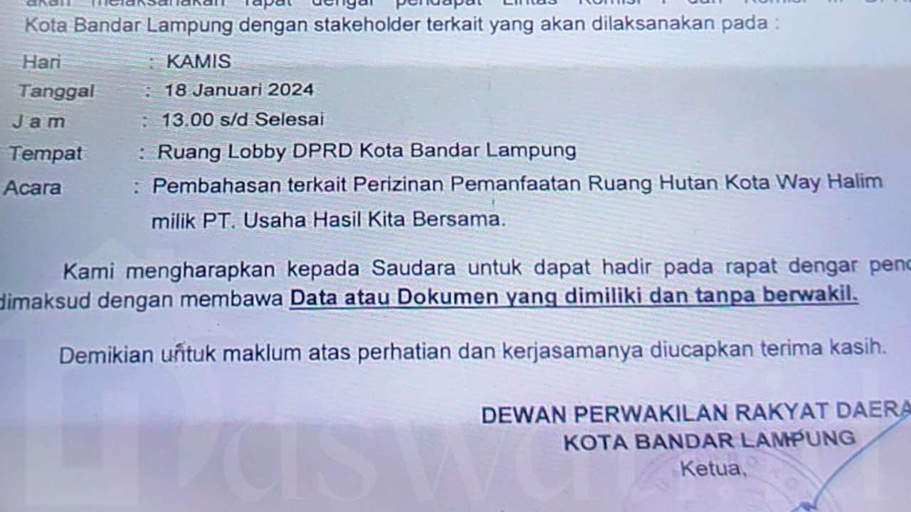 DPRD Bandarlampung Salah Ketik Nama Perusahaan, Hearing Ruang Hutan Kota Ditunda