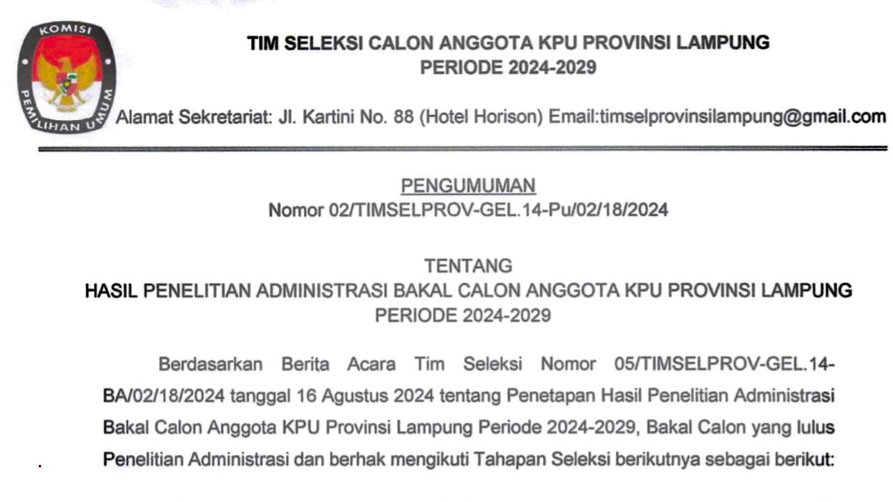 Tim Seleksi Umumkan Hasil Penelitian Administrasi Bakal Calon Anggota KPU Lampung 2024-2029