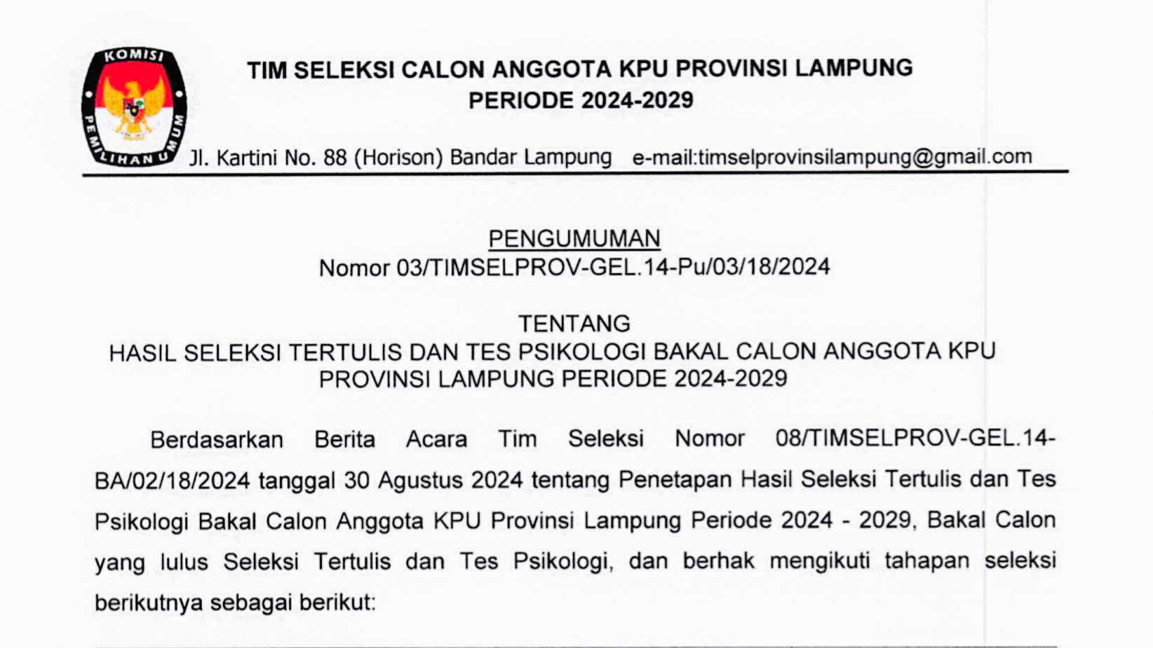 Pengumuman Hasil Seleksi Tertulis dan Tes Psikologi Bakal Calon Anggota KPU Provinsi Lampung Periode 2024-2029