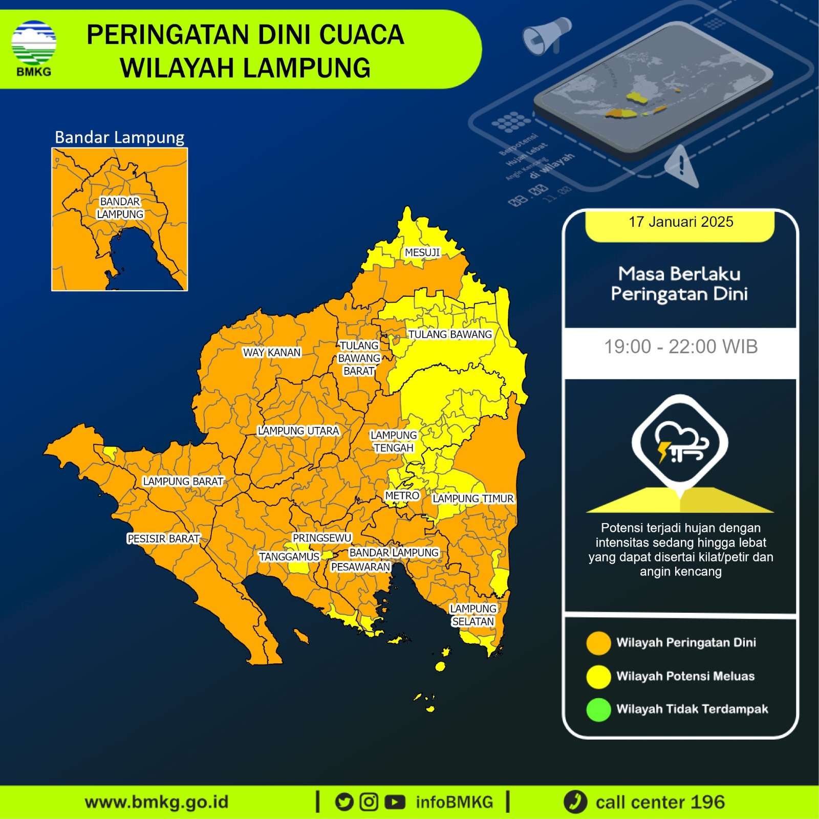 Peringatan Dini Cuaca Lampung: hujan sedang-lebat hingga pukul 22.00 WIB