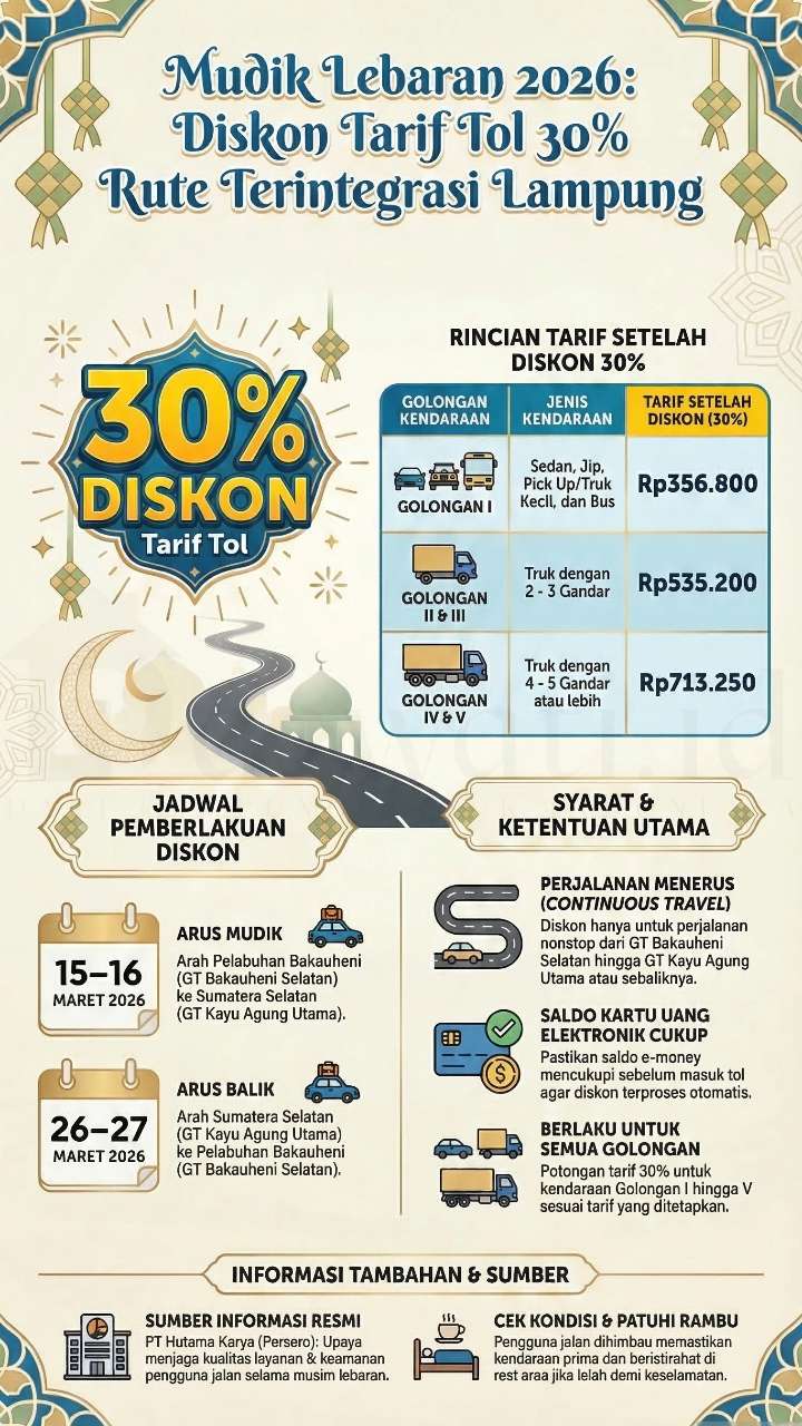 Hemat Mudik 2026! Cek Jadwal Diskon 30% Tol Trans Sumatra